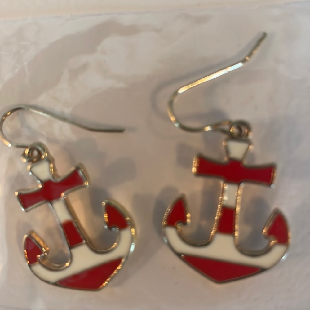 Statement Anchor dangle drop pierced earrings red white gold
